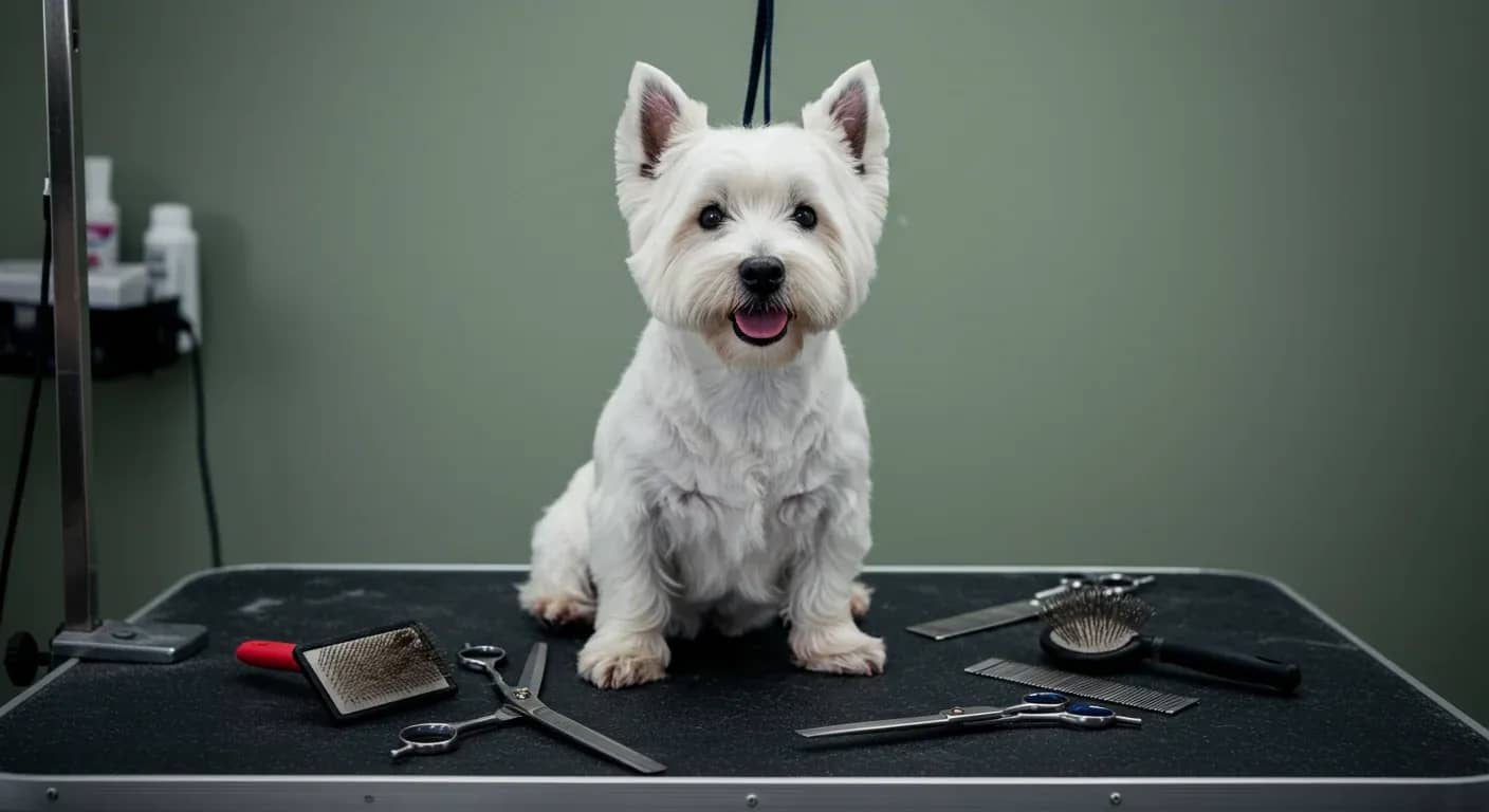 A beautifully groomed West Highland White Terrier sitting centered on a grooming table surrounded by professional grooming tools, showcasing the breed's distinctive white coat and the importance of proper grooming care