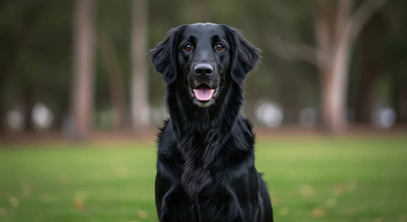 Portrait of a healthy black Flat-Coated Retriever sitting in an Australian park, representing the breed's vitality and the article's focus on understanding their health and longevity