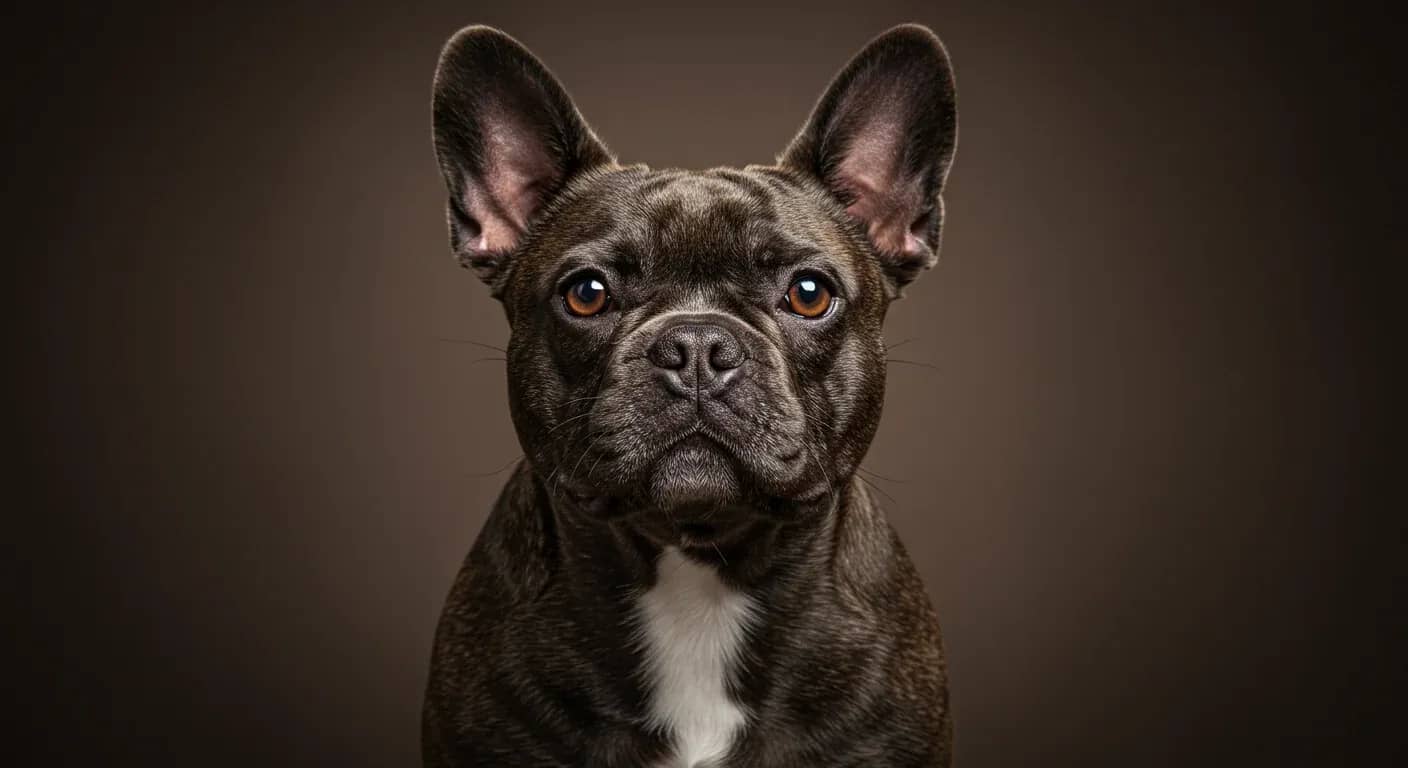 Close-up portrait of a French Bulldog with prominent facial wrinkles and smooth coat, demonstrating the breed's distinctive features that require specialized grooming care