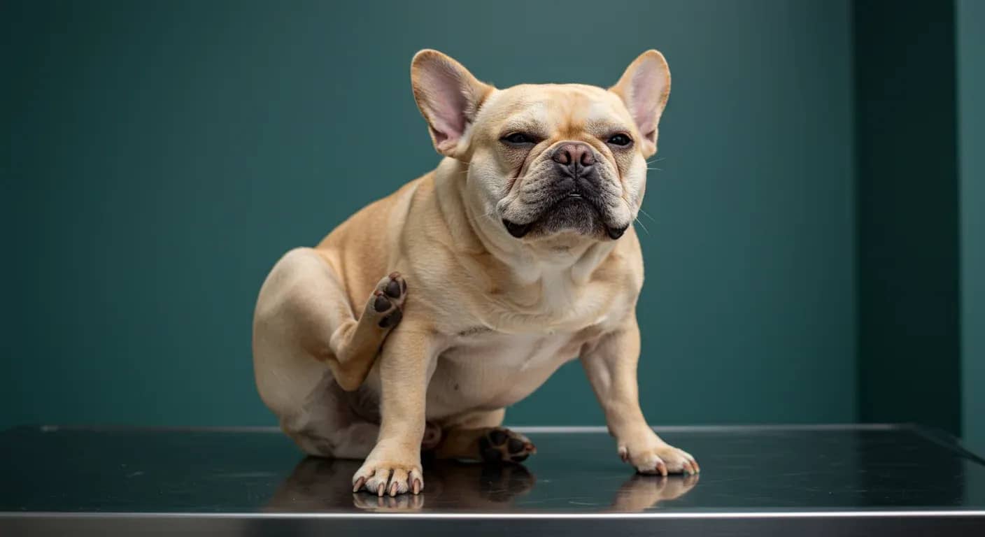 French Bulldog scratching its ear on a veterinary table, illustrating common allergy symptoms and the need for professional care