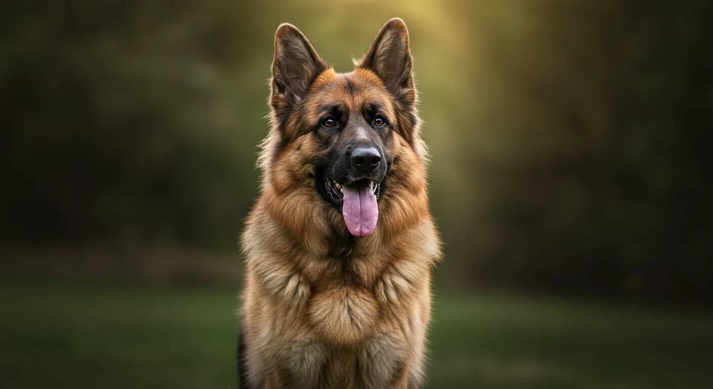 Professional portrait of a German Shepherd dog with thick double coat, demonstrating the beautiful coat texture that requires proper grooming care