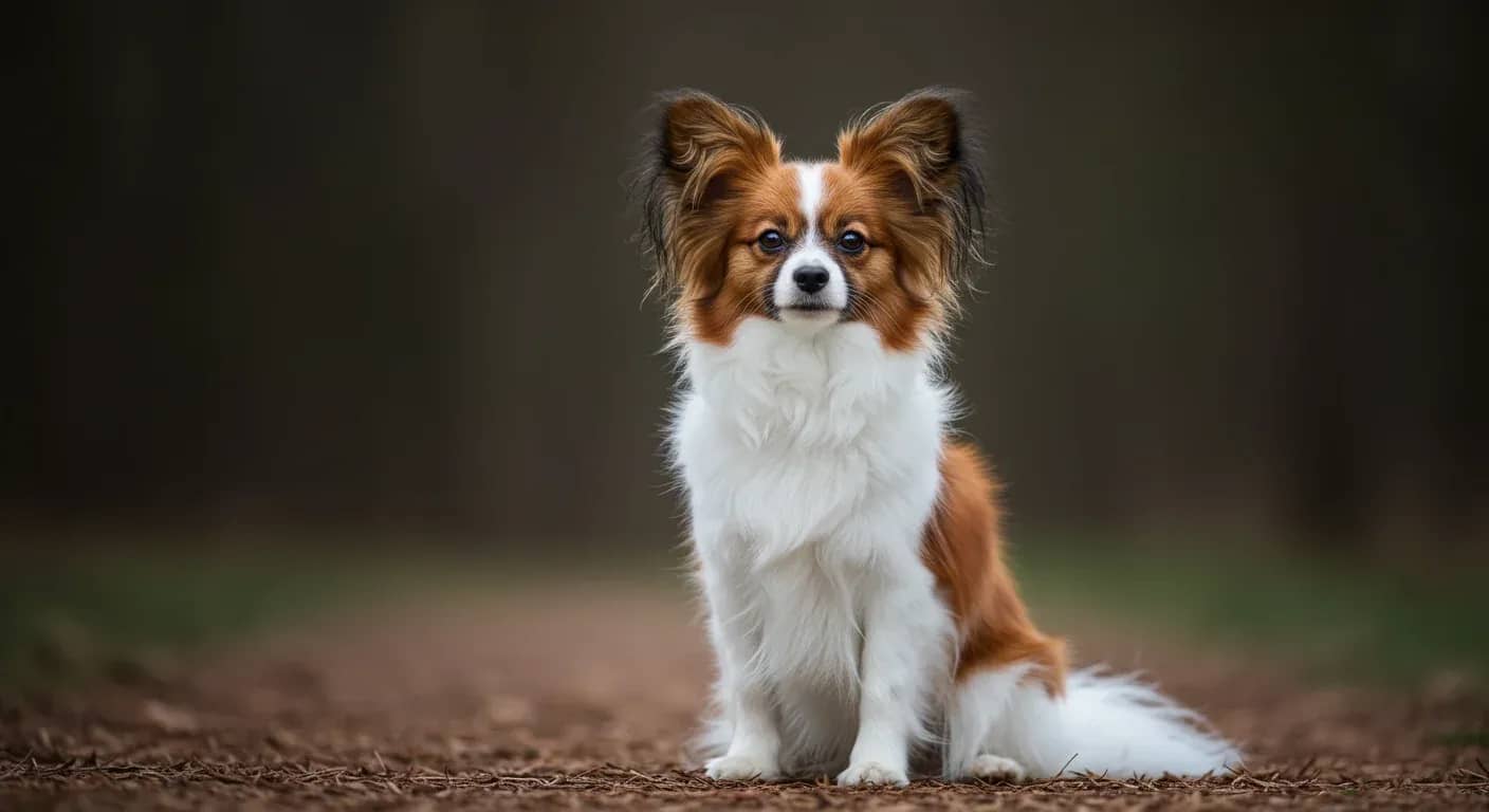A Papillon dog with distinctive butterfly ears and long silky coat positioned centrally in the frame, showcasing the breed's elegant coat that is the focus of the shedding management article
