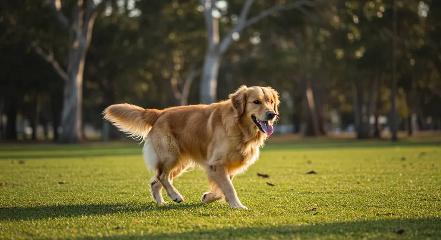 Golden Retriever running across grass field, demonstrating the breed's exercise needs and athletic nature discussed in the article