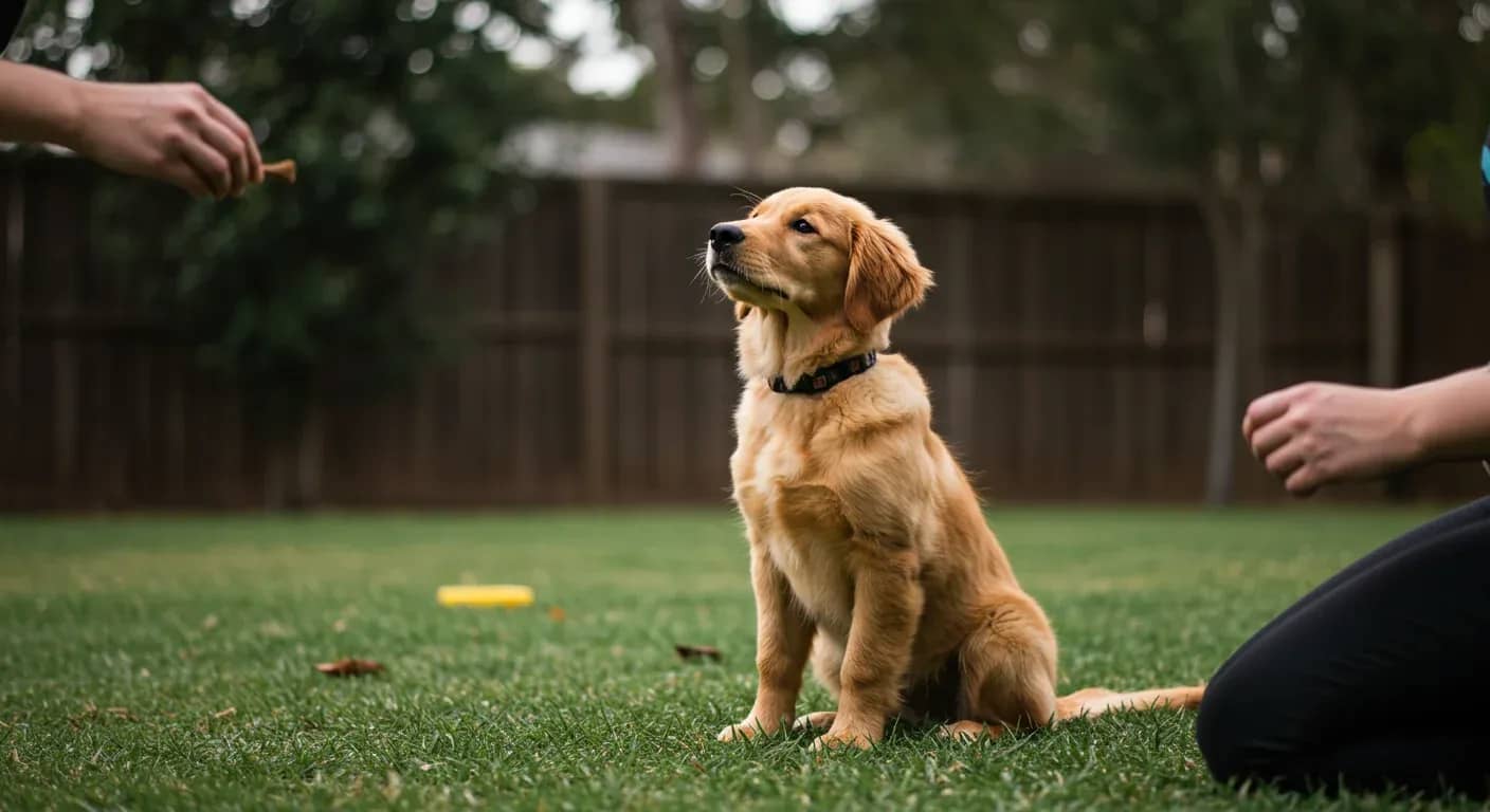 Young Golden Retriever puppy sitting attentively during training with trainer's hands offering treats, representing the essential early training steps covered in the article