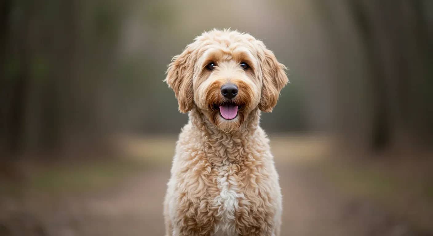 A professionally groomed Goldendoodle with a Teddy Bear Cut sitting centered in frame, demonstrating the popular rounded facial styling and well-maintained curly coat discussed in the grooming guide