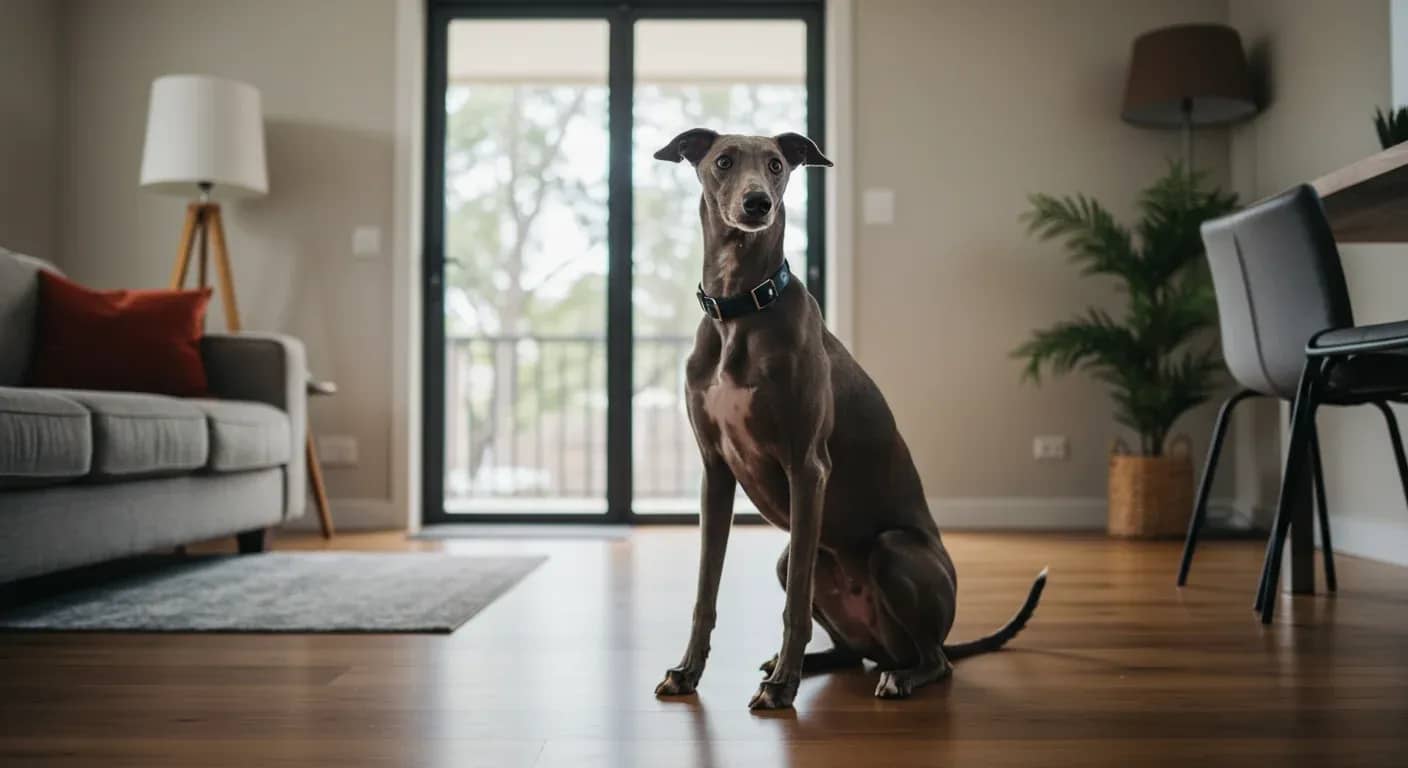 A grey Greyhound sitting in a living room looking toward the front door, illustrating the breed's tendency toward separation anxiety when owners prepare to leave