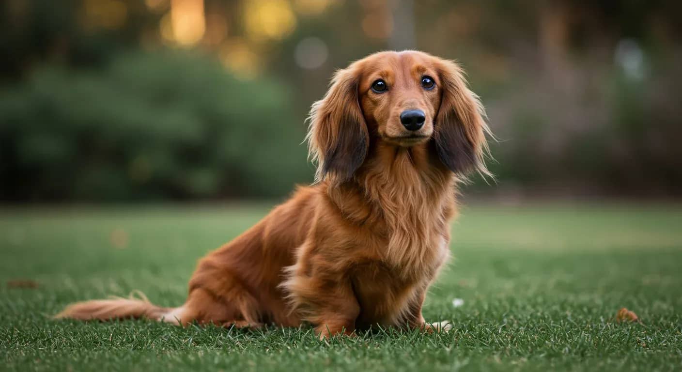 A long-haired Dachshund with flowing silky coat sitting centered in frame, demonstrating the beautiful coat that requires regular grooming maintenance