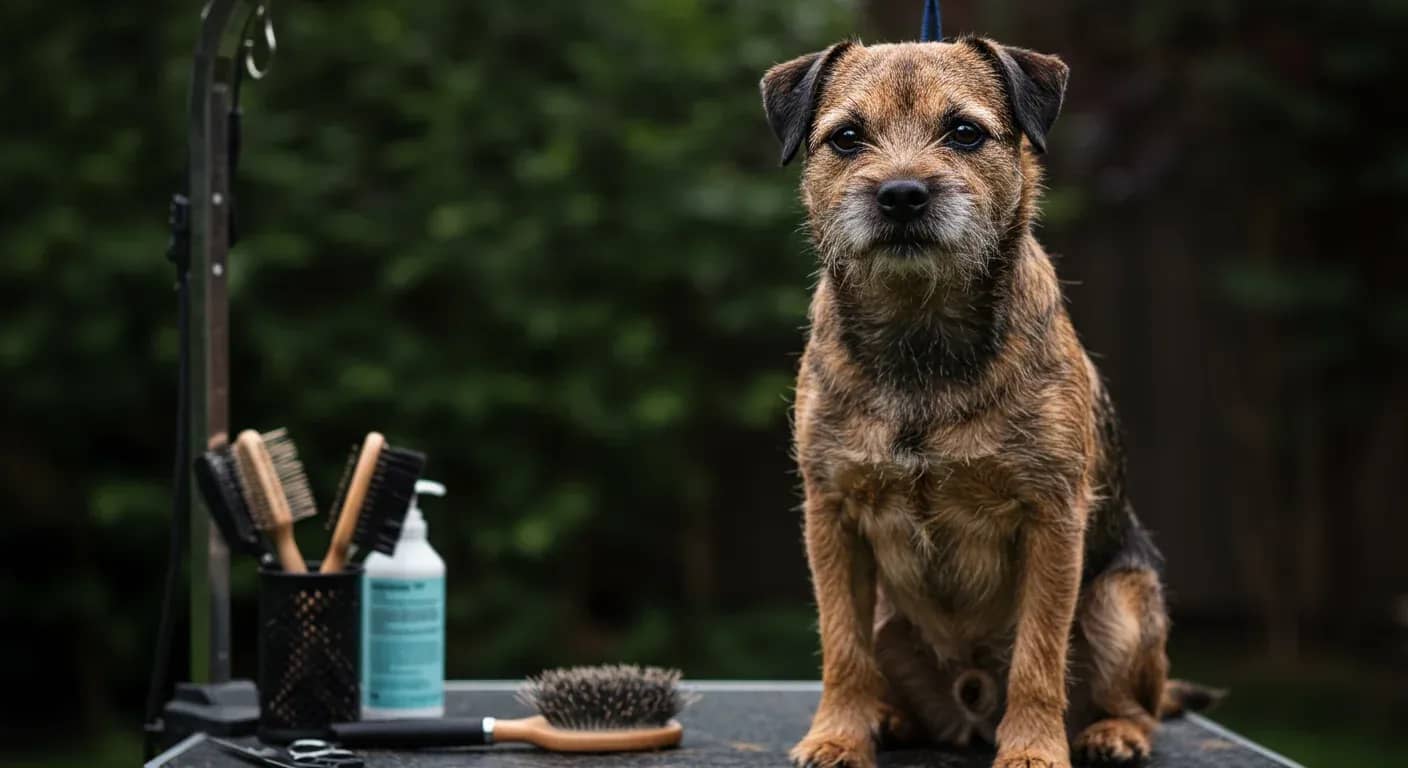 A well-groomed Border Terrier centered in frame during a grooming session, showcasing the breed's distinctive wiry coat texture with professional grooming tools visible in the background