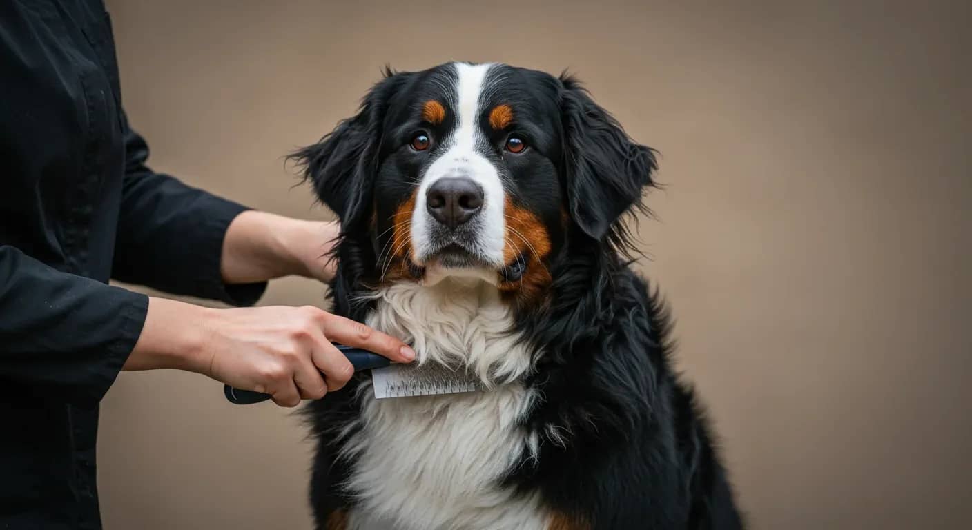 A beautiful Bernese Mountain Dog being brushed during a grooming session, demonstrating the proper care techniques for their distinctive double coat