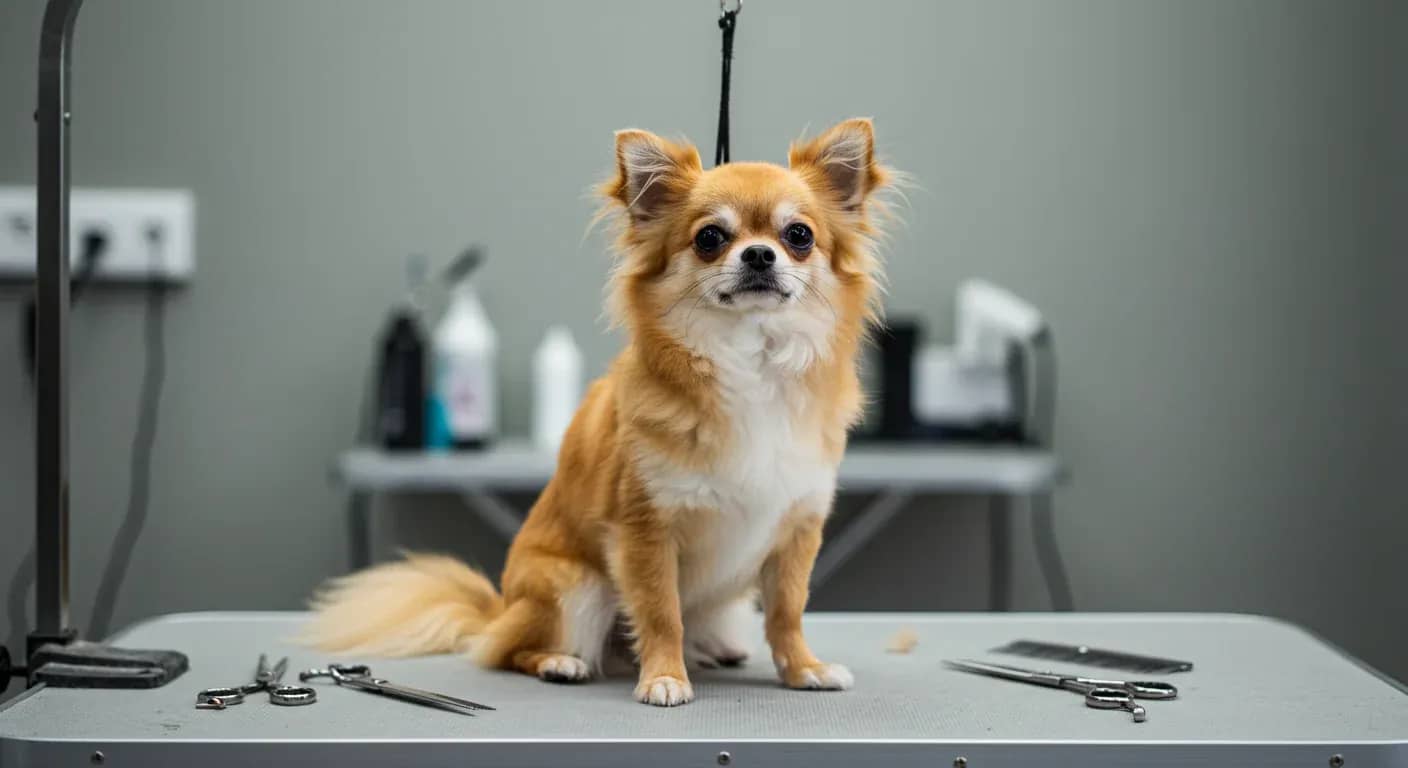 A well-groomed long-haired Chihuahua sitting on a professional grooming table, showcasing the results of proper grooming care with various grooming tools visible in the background