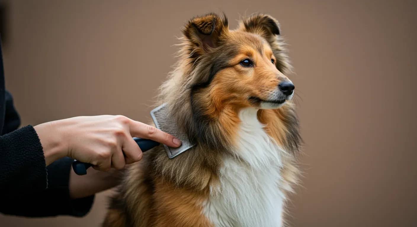 A Shetland Sheepdog being groomed with a slicker brush, demonstrating proper grooming technique for the breed's double coat
