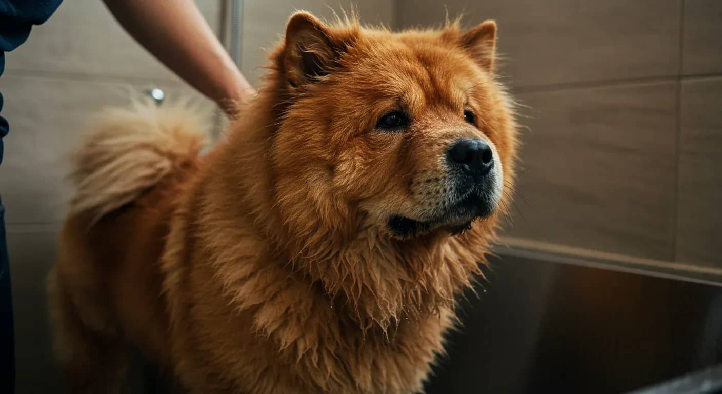A Chow Chow being bathed, showing its thick double coat that requires special care and infrequent bathing every 4-6 weeks