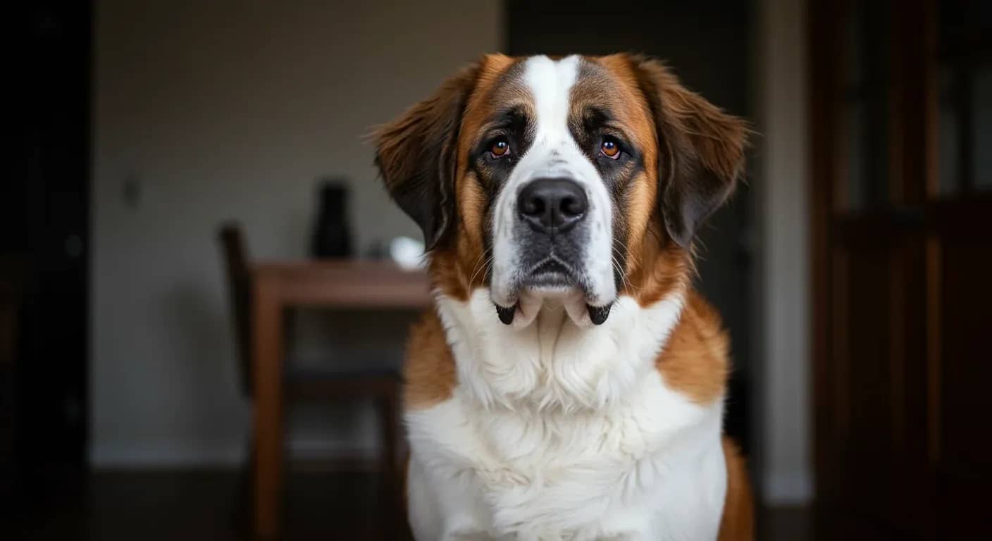 A gentle Saint Bernard dog sitting peacefully in a home setting, representing the breed's naturally calm temperament and the article's focus on addressing aggression issues in these typically gentle giants.