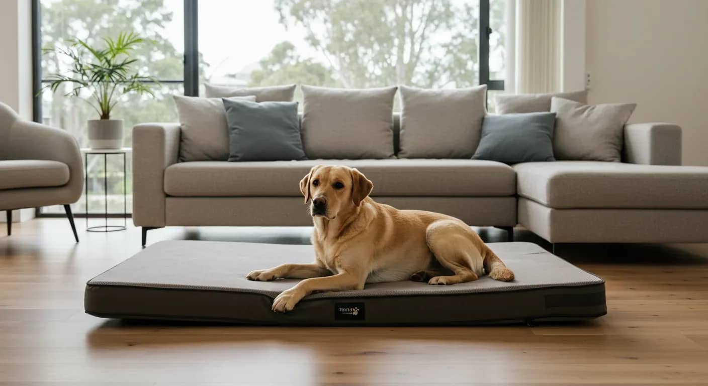 Golden Labrador Retriever lying stretched out on a large orthopedic dog bed in a modern living room, demonstrating proper bed sizing and comfort for the breed