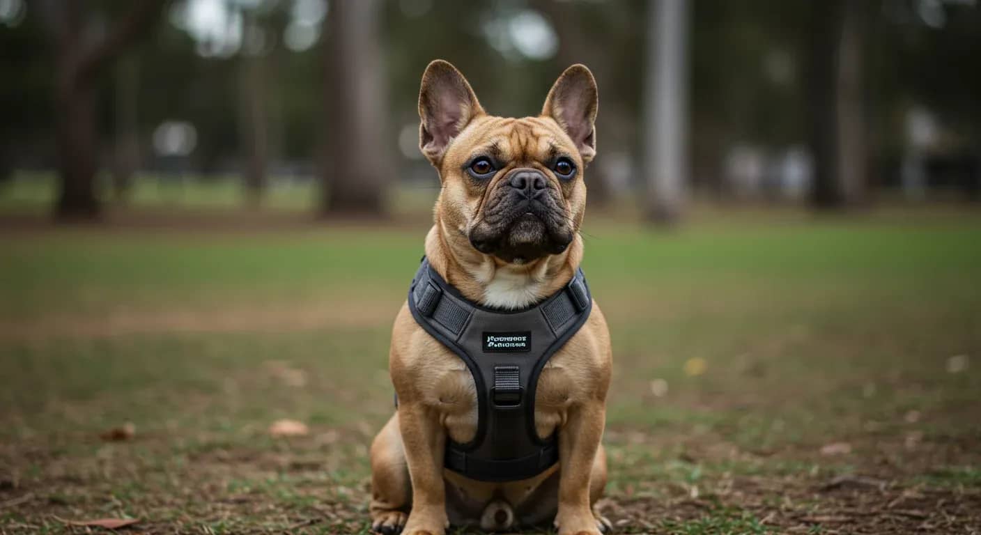 A fawn French Bulldog wearing a properly fitted harness, demonstrating the article's focus on choosing the right harness for this breed's unique body structure