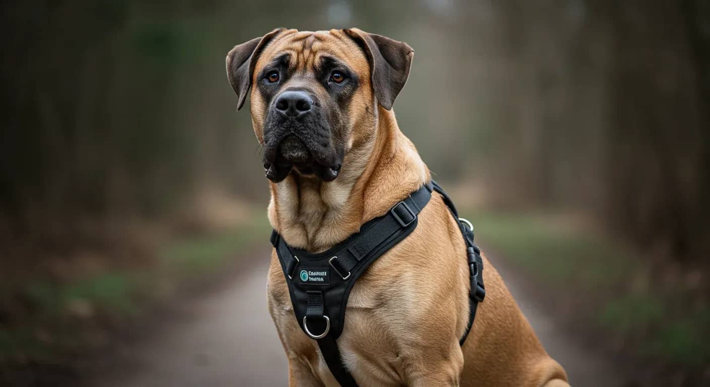 Large English Mastiff wearing a properly fitted black harness, demonstrating how the right harness should sit on a giant breed dog's chest and shoulders