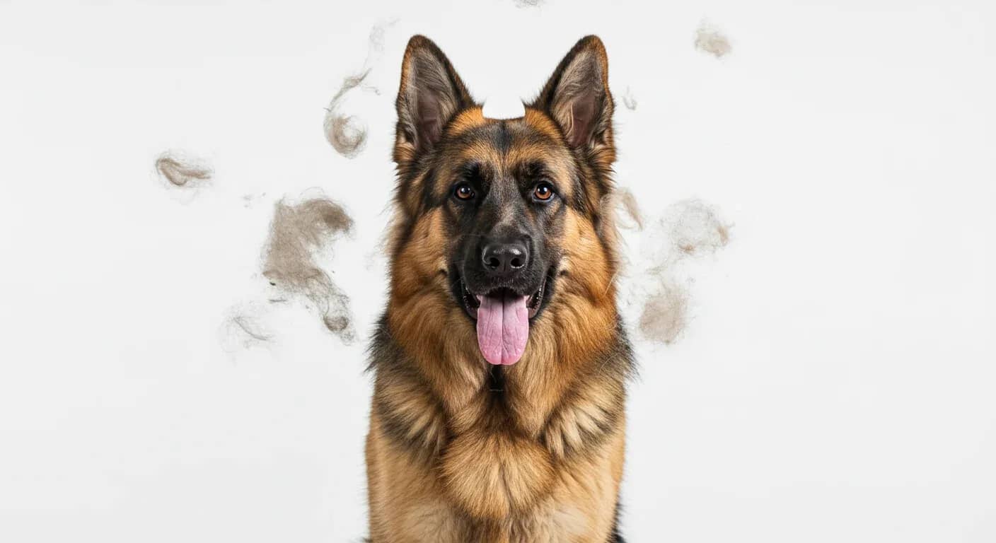 German Shepherd dog centered in frame with visible shedding fur around it, illustrating the article's focus on managing German Shepherd shedding