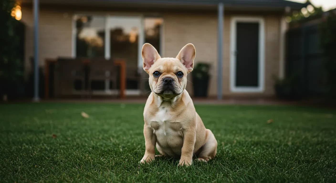 Cream French Bulldog puppy sitting centered on grass looking at camera, representing the focus of house-training guidance in the article