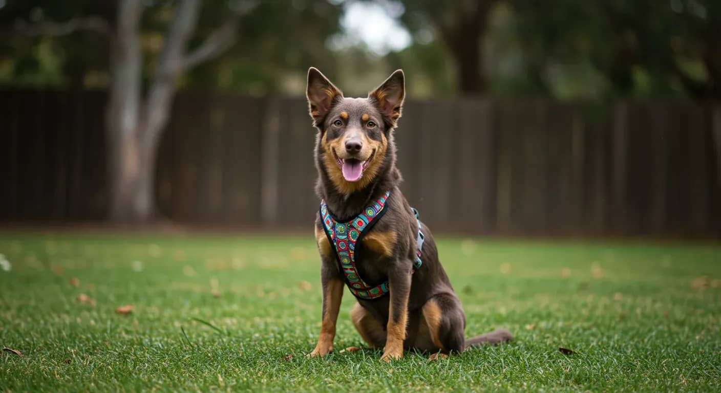 Young Australian Kelpie puppy sitting attentively during training session, demonstrating the focused yet energetic nature discussed in the training guide