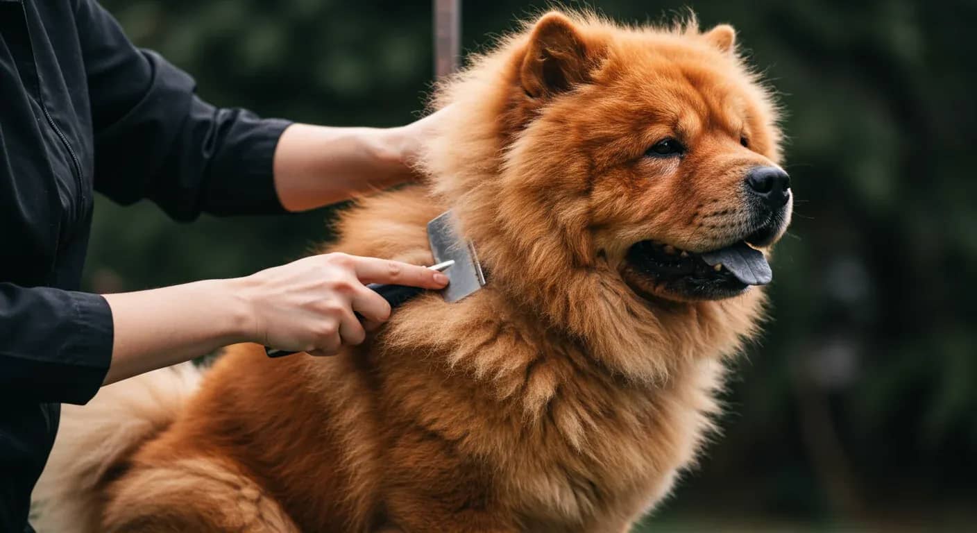 A red Chow Chow being professionally groomed, showing the breed's characteristic thick double coat and the proper grooming technique described in the article