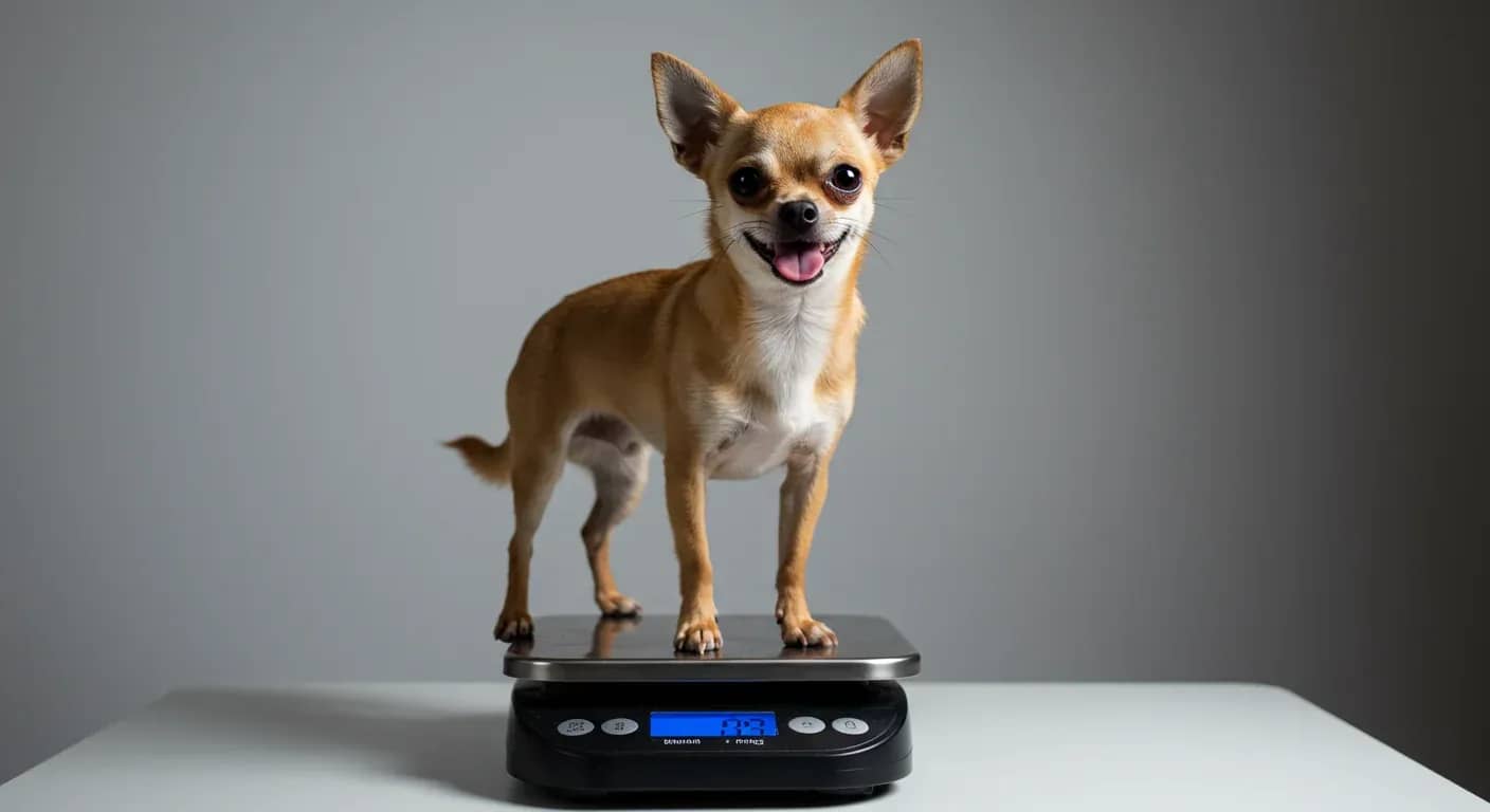 A healthy Chihuahua standing on a digital scale, representing the importance of weight monitoring for this small breed's health management