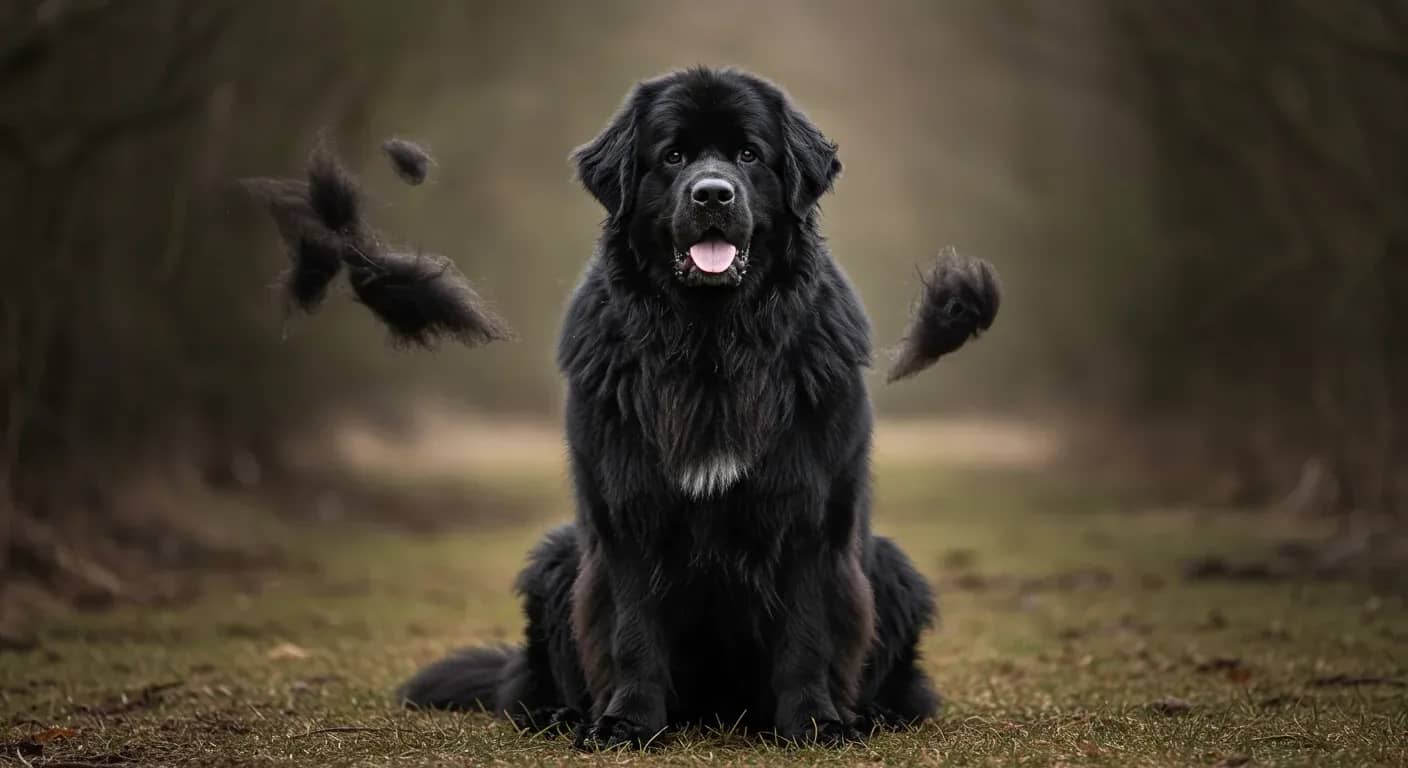 A large black Newfoundland dog with its characteristic thick double coat, showing the natural shedding that owners need to manage through proper grooming techniques