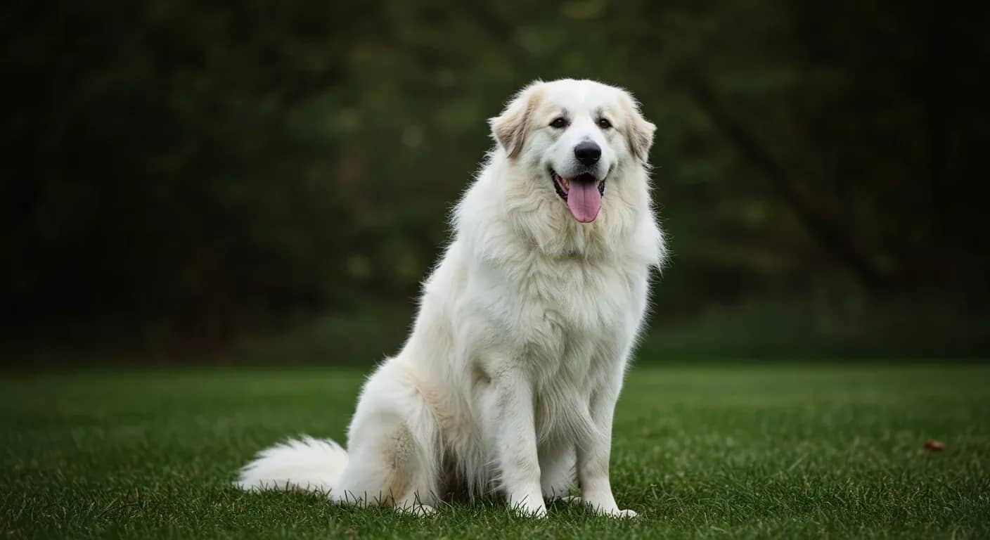 A beautiful Great Pyrenees dog with thick white double coat sitting centered in frame, showcasing the natural coat that requires regular grooming to manage shedding