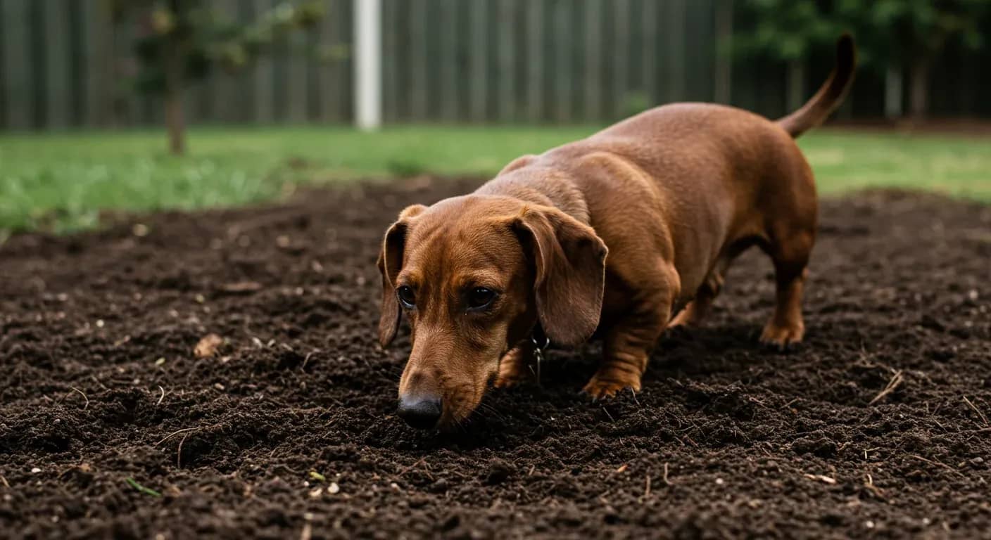 A Dachshund dog digging in garden soil, demonstrating the natural digging behavior discussed in the article about managing this breed-specific instinct