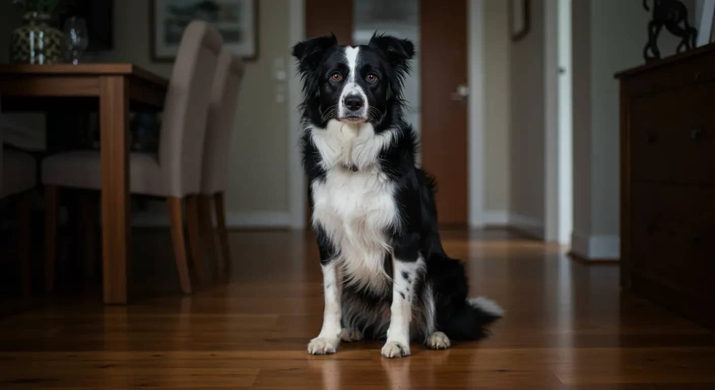 A Border Collie sitting in the center of a home interior, displaying the alert yet concerned expression typical of dogs experiencing separation anxiety