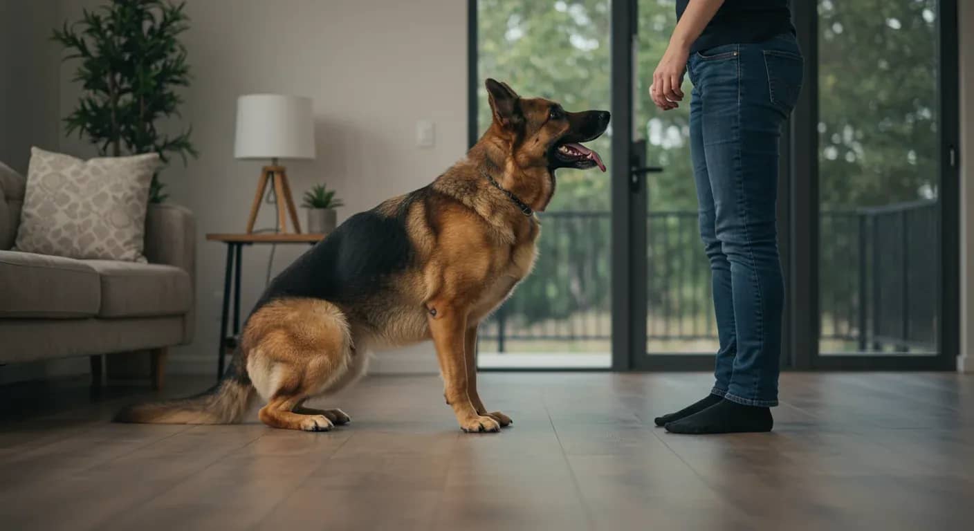 German Shepherd standing calmly on the ground while greeting a person, demonstrating proper non-jumping behavior in a home setting