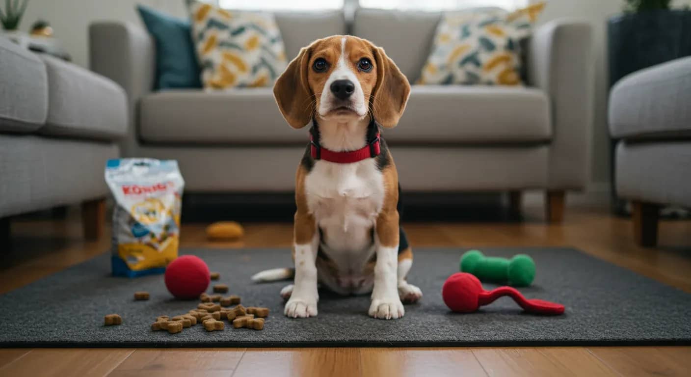 Young Beagle puppy sitting attentively during a training session, representing the comprehensive puppy training guide