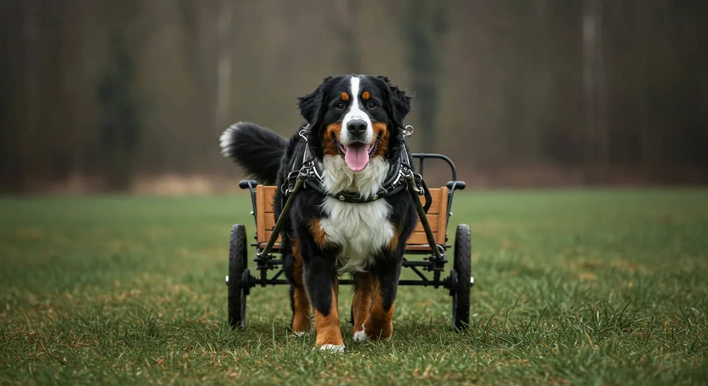 A Bernese Mountain Dog wearing a drafting harness and pulling a wooden cart across a grassy field, demonstrating the breed's natural carting abilities that the article discusses