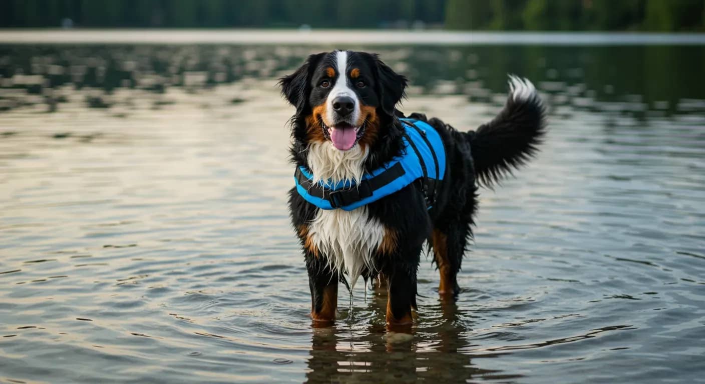 A Bernese Mountain Dog wearing a life vest standing in shallow water, demonstrating safe swimming preparation for the breed