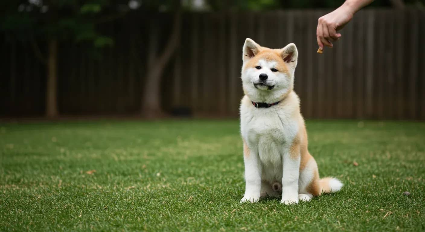 Young Akita puppy sitting attentively during training session, representing the key training period and positive reinforcement methods discussed in the article