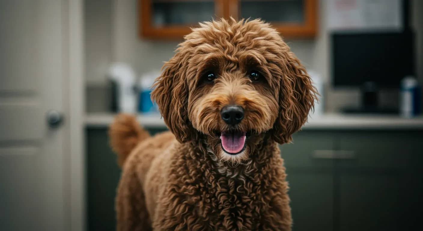 A Standard Poodle with curly coat positioned centrally in a veterinary setting, illustrating the breed discussed in this allergy management article