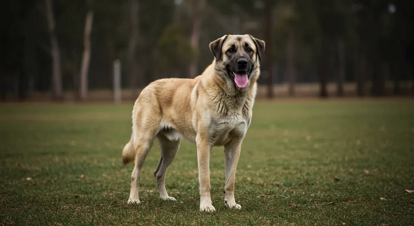 A majestic Anatolian Shepherd dog standing alert in an Australian landscape, demonstrating the breed's impressive size and noble bearing that's discussed in the health article