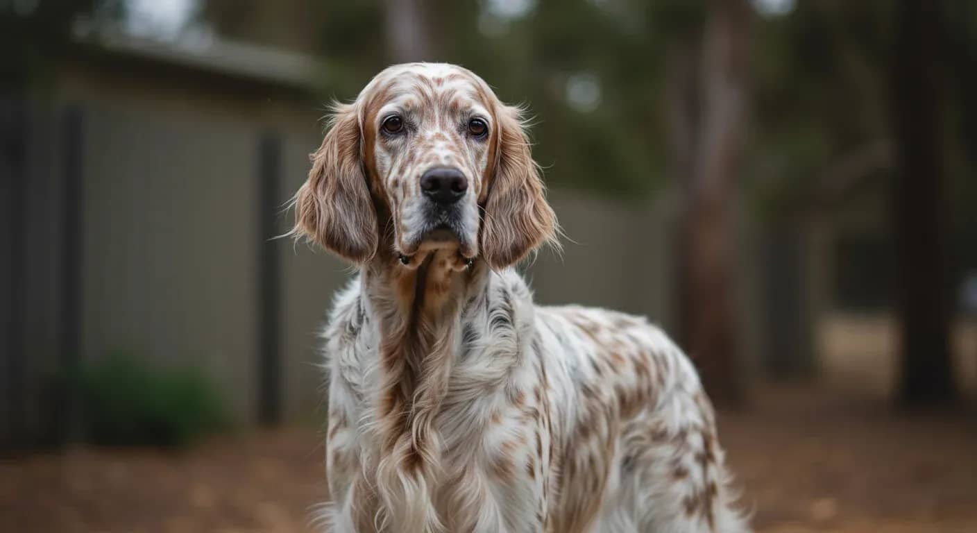 Healthy English Setter dog positioned centrally in veterinary clinic setting, representing the article's focus on maintaining English Setter health through proper care and prevention