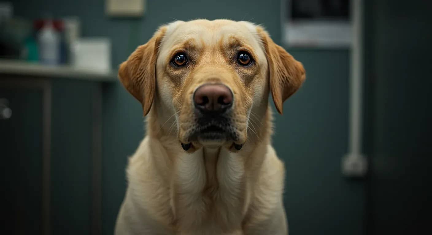 Close-up portrait of a yellow Labrador Retriever looking directly at camera with a gentle, slightly worried expression, representing dogs affected by allergies