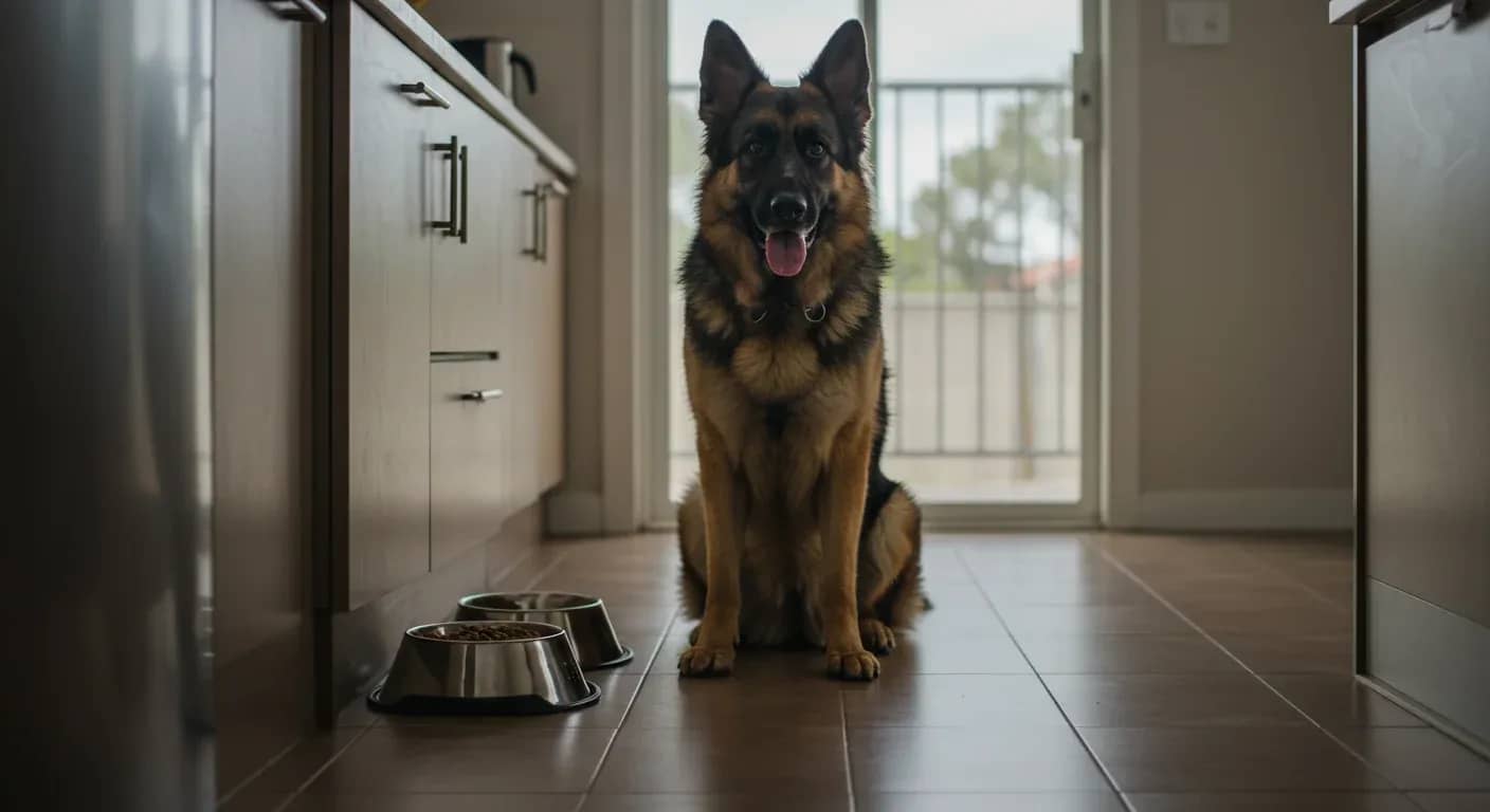 A German Shepherd sitting in a kitchen next to feeding bowls, representing proper feeding practices to prevent bloat