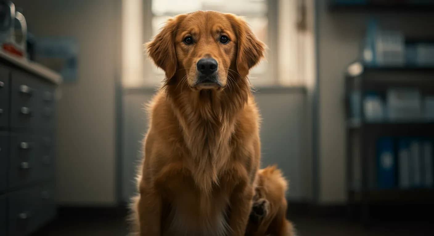 Golden Retriever with thick coat sitting in veterinary setting, showing signs of discomfort from allergies