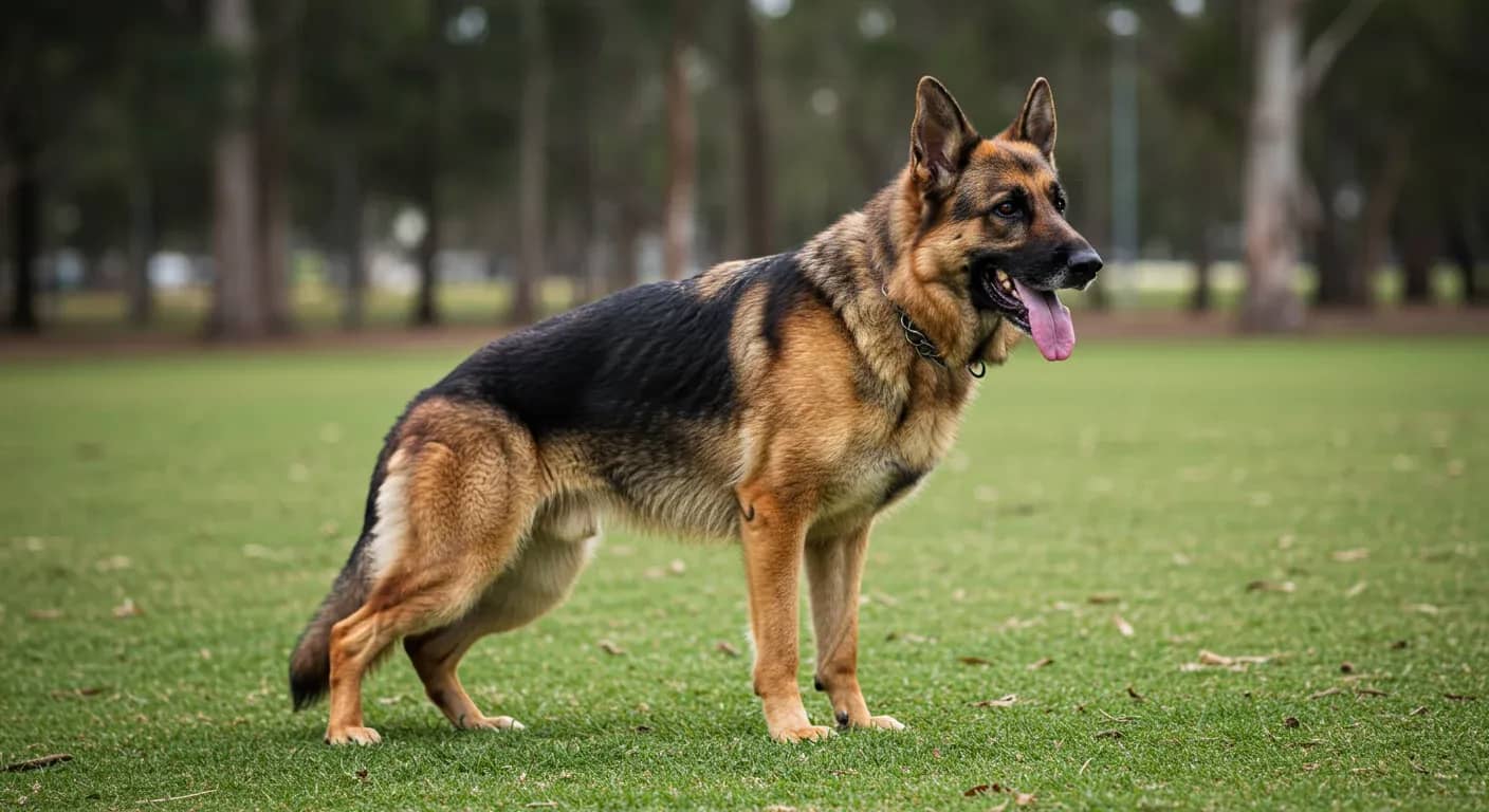 Professional portrait of a German Shepherd dog standing on grass, showcasing the breed's distinctive appearance and build relevant to hip dysplasia discussion