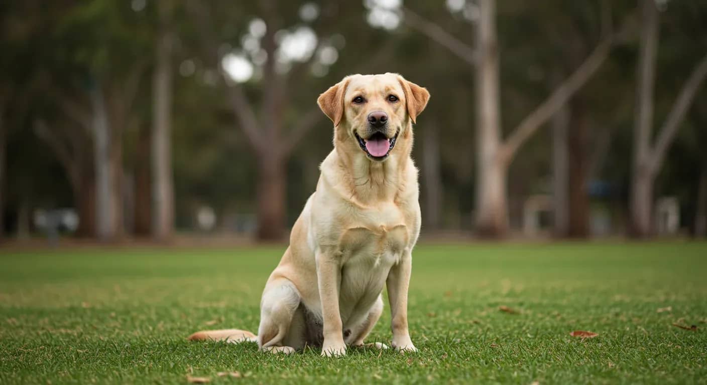 A healthy yellow Labrador Retriever sitting in an Australian park, representing the breed discussed in this hip dysplasia prevention and treatment guide