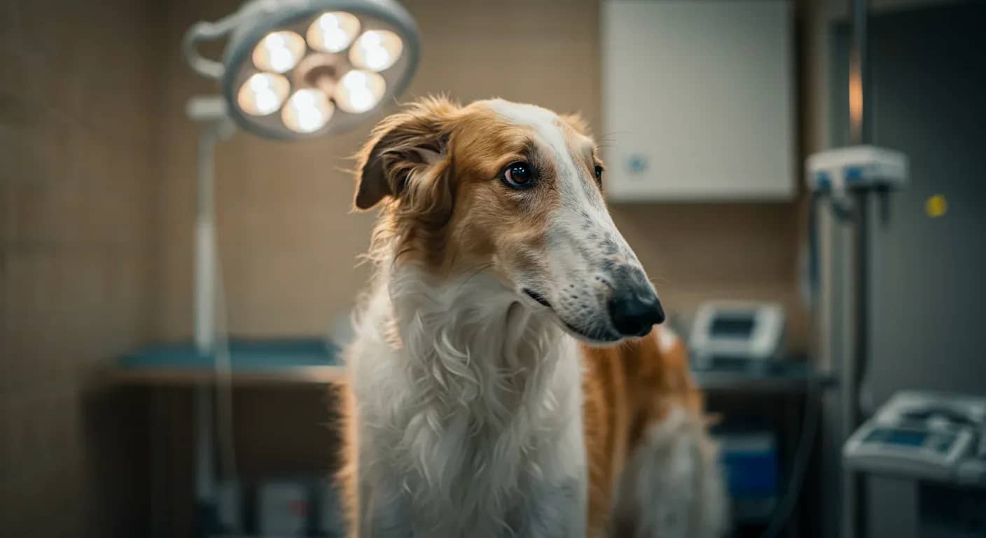 A healthy Borzoi dog centered in frame at a veterinary clinic, representing the article's focus on breed-specific health management and preventive care