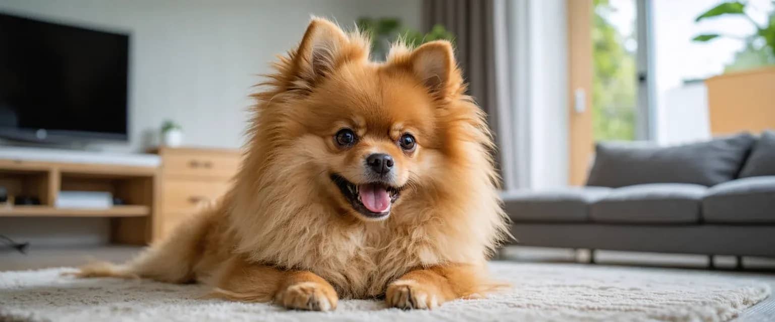 A vibrant orange Pomeranian with a fluffy coat and bright eyes positioned in the center of the frame, representing the breed's potential for a long, healthy life
