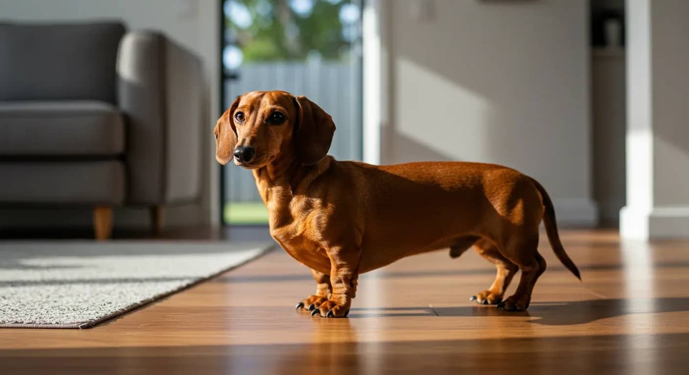 A healthy red Dachshund standing on hardwood flooring, showcasing the breed's characteristic long back and short legs that make them prone to spinal issues