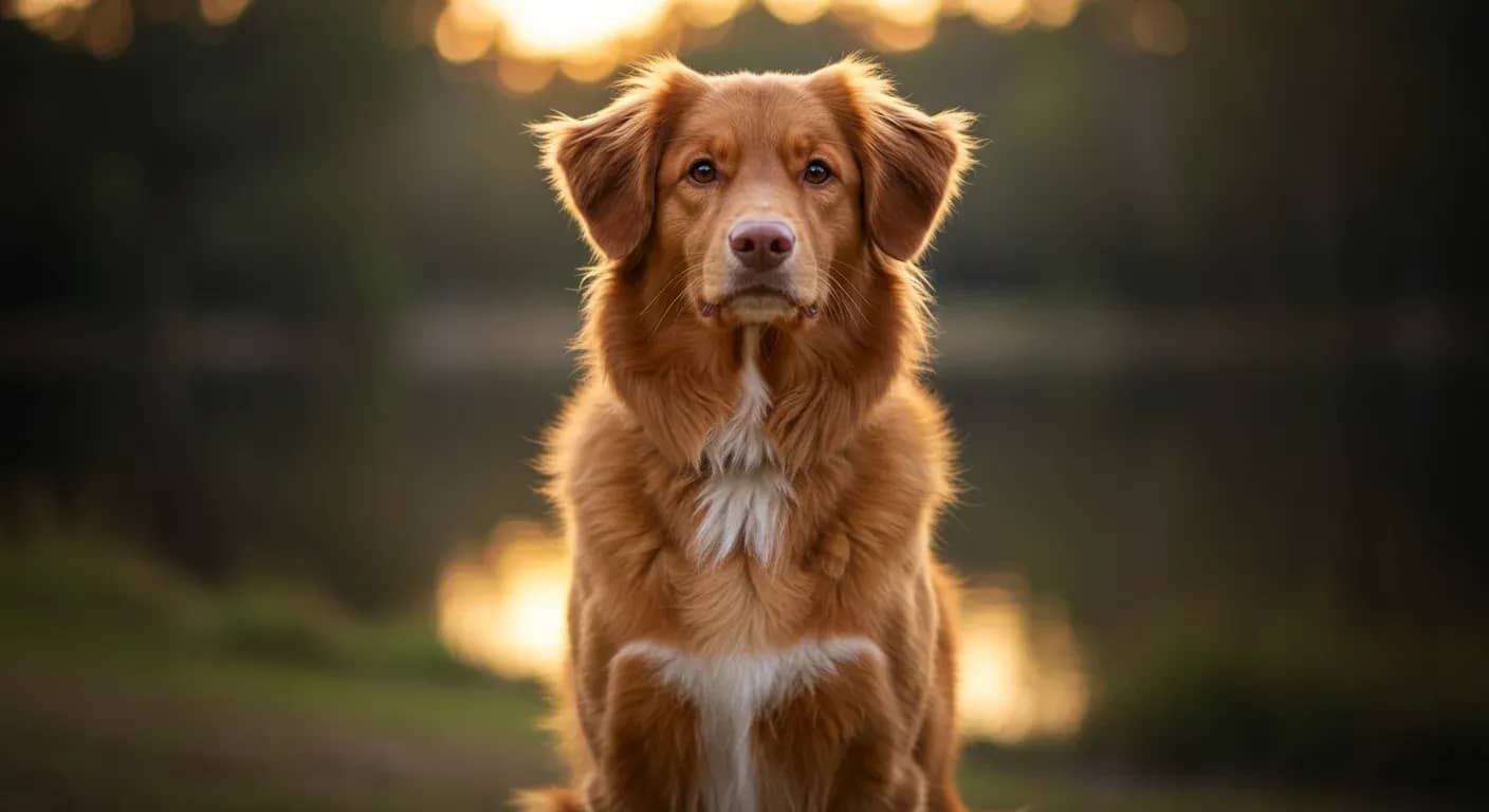 A healthy Nova Scotia Duck Tolling Retriever sitting alertly in a centered portrait, showcasing the breed's distinctive red coat and intelligent expression against a blurred lakeside background, representing the focus on preventing common health issues in this water-loving breed.