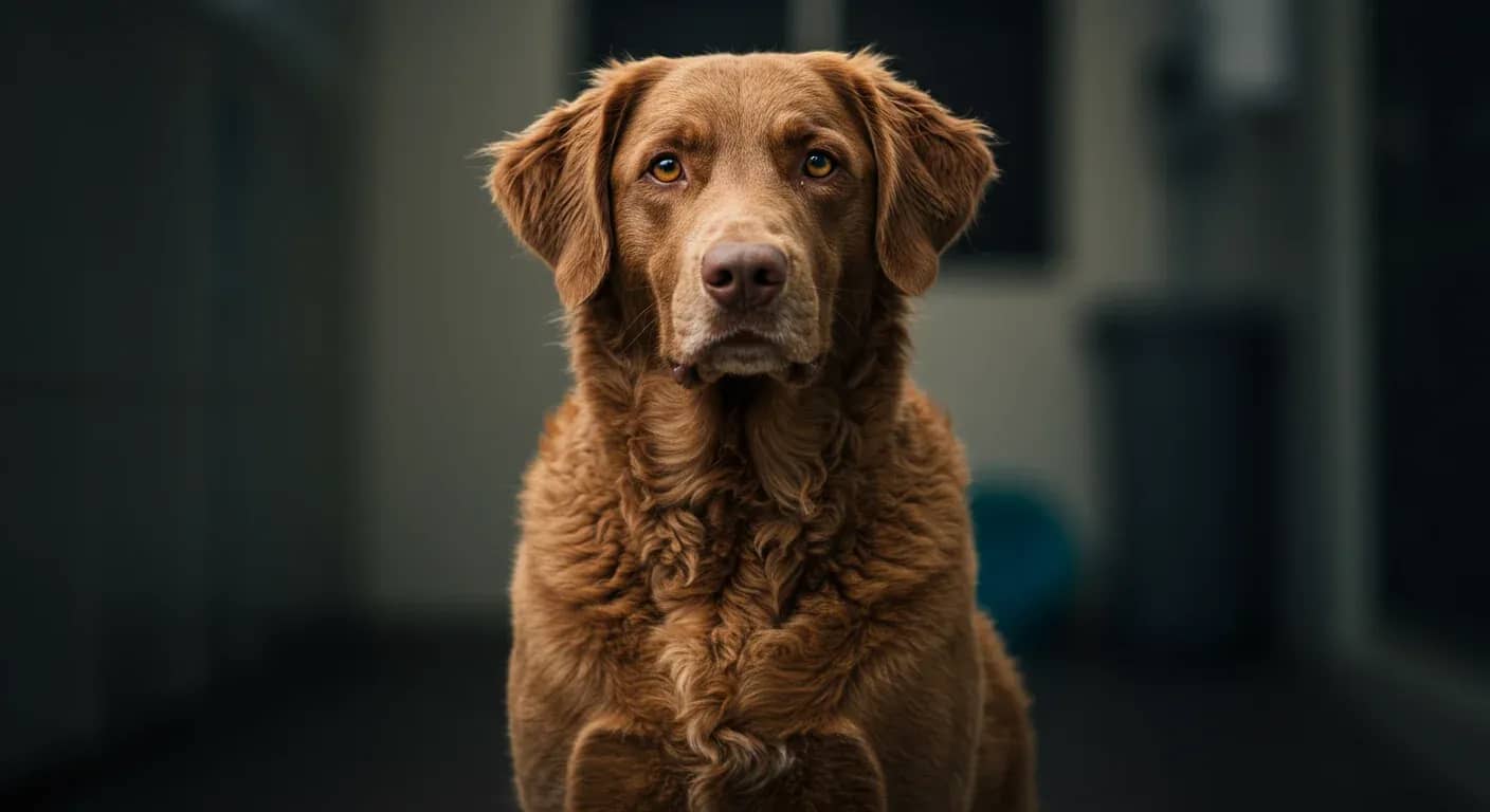 A healthy Chesapeake Bay Retriever sitting in a veterinary clinic, representing the importance of proactive health care and monitoring for breed-specific conditions