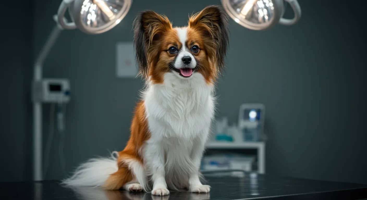 A beautiful Papillon dog with characteristic butterfly ears sitting centered on a veterinary examination table, representing the article's focus on protecting Papillon health through preventive veterinary care