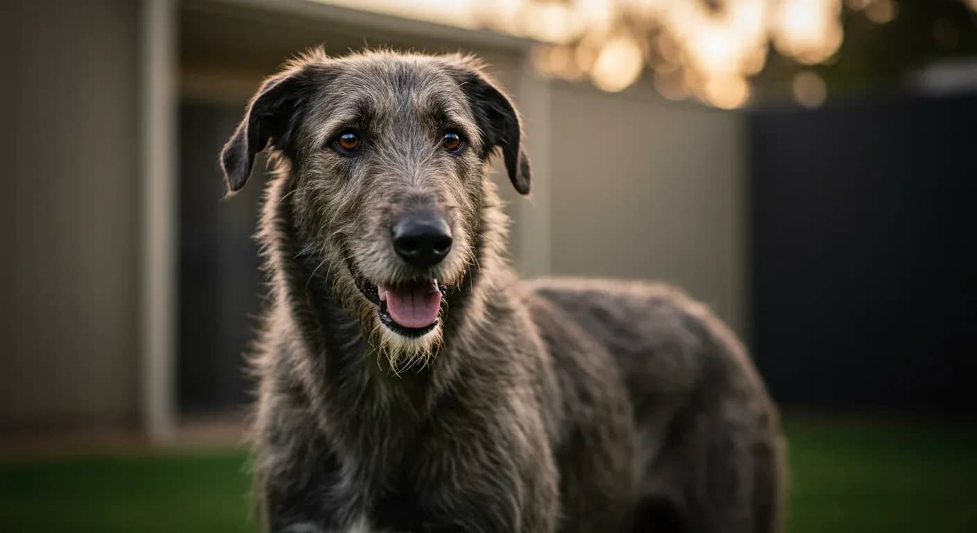 Majestic Irish Wolfhound positioned centrally in frame at an Australian veterinary clinic, representing the breed's gentle nature and the importance of proactive health care management discussed in the article