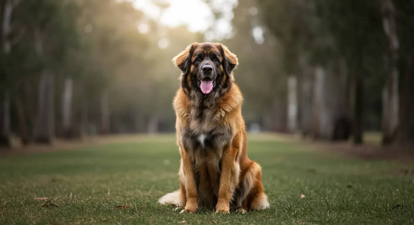 A beautiful Leonberger dog sitting centered in the frame, showcasing the breed's impressive size and golden coat, representing the health and vitality discussed in the article about common Leonberger health issues
